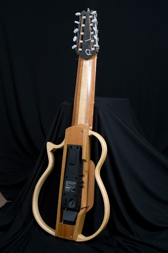 Ten String Silent guitar, amplificated with Yamaha preamp and custom made transductor under the bridge saddle.JPG