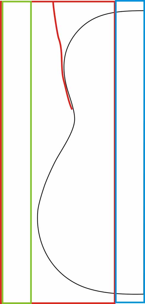 Черное - дно, Красное - заготовка дна с трещиной, Зеленое - отпиливаемый фрагмент, Синее - место стыковки. Получается даже с запасом миллиметров 10-15.