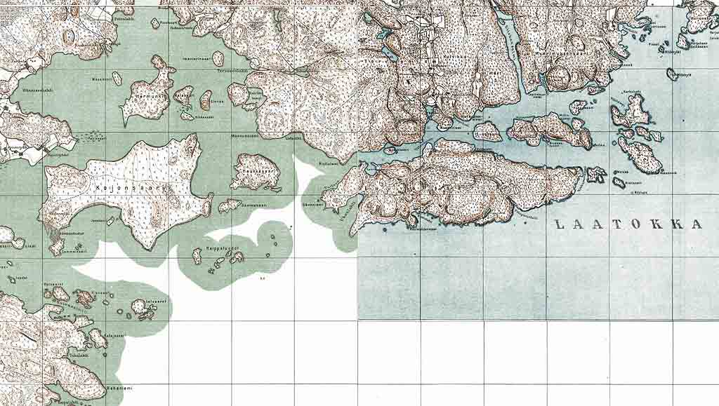 Фрагмент финской карты 1927 года. Бухта Терву. Остров Лауватсаари похож на рыбу.
